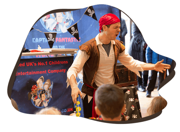 Pirate costume entertainer engaging children at lively parties.