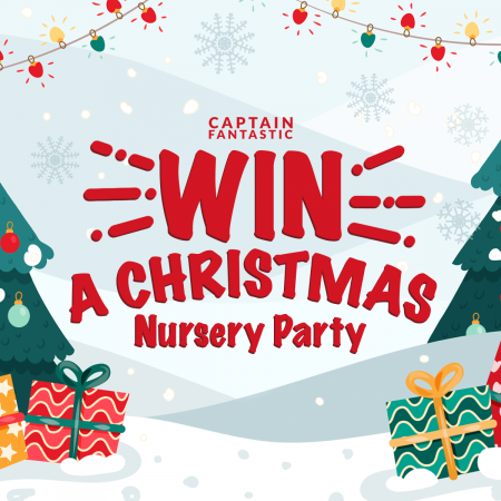 Festive graphic with text "Win a Christmas Nursery Party" alongside holiday decorations and gifts.